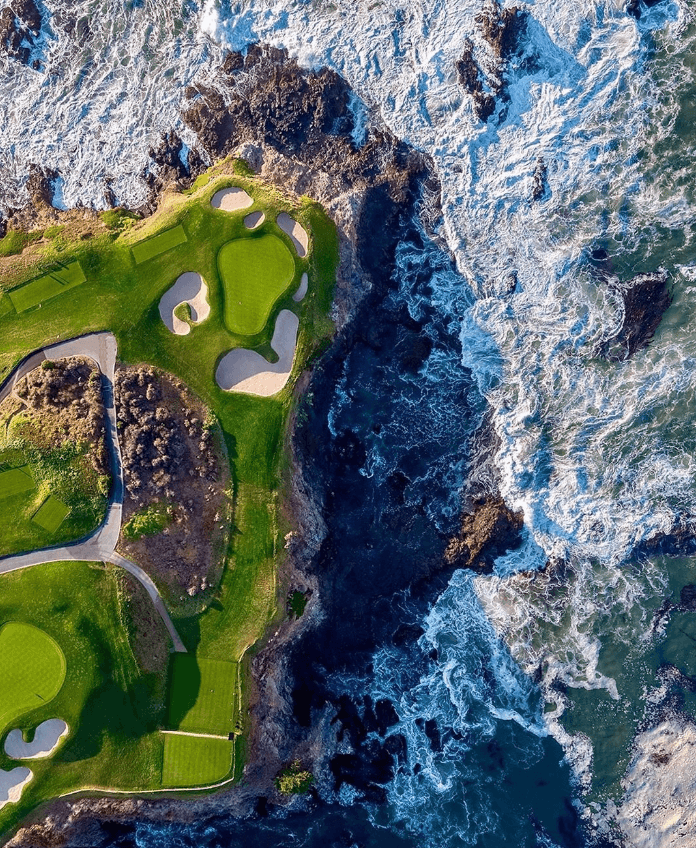 Aerial view of a beautiful golf course by the ocean